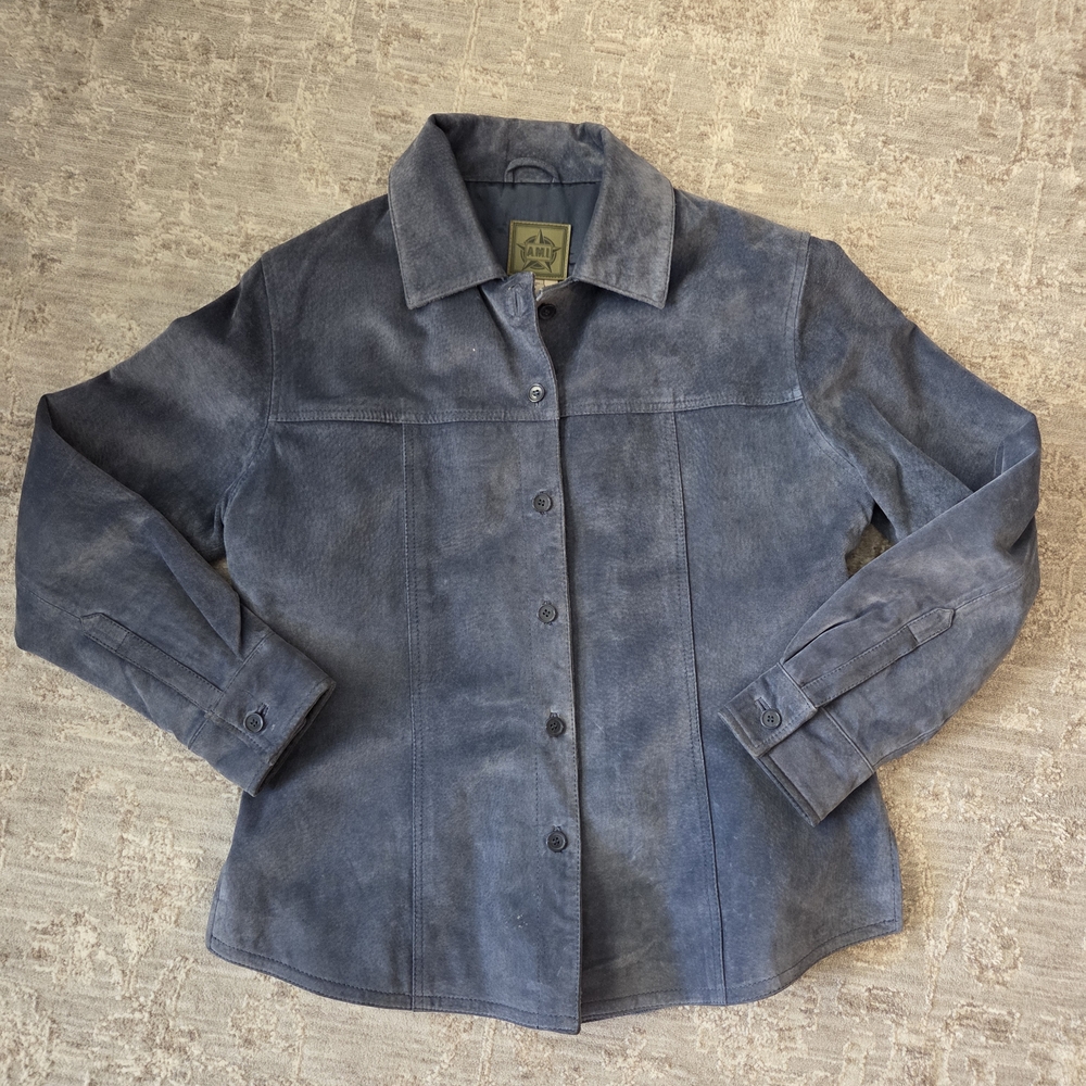 AMI Vintage Blue Suede Leather Jacket Coat Woman’s Button